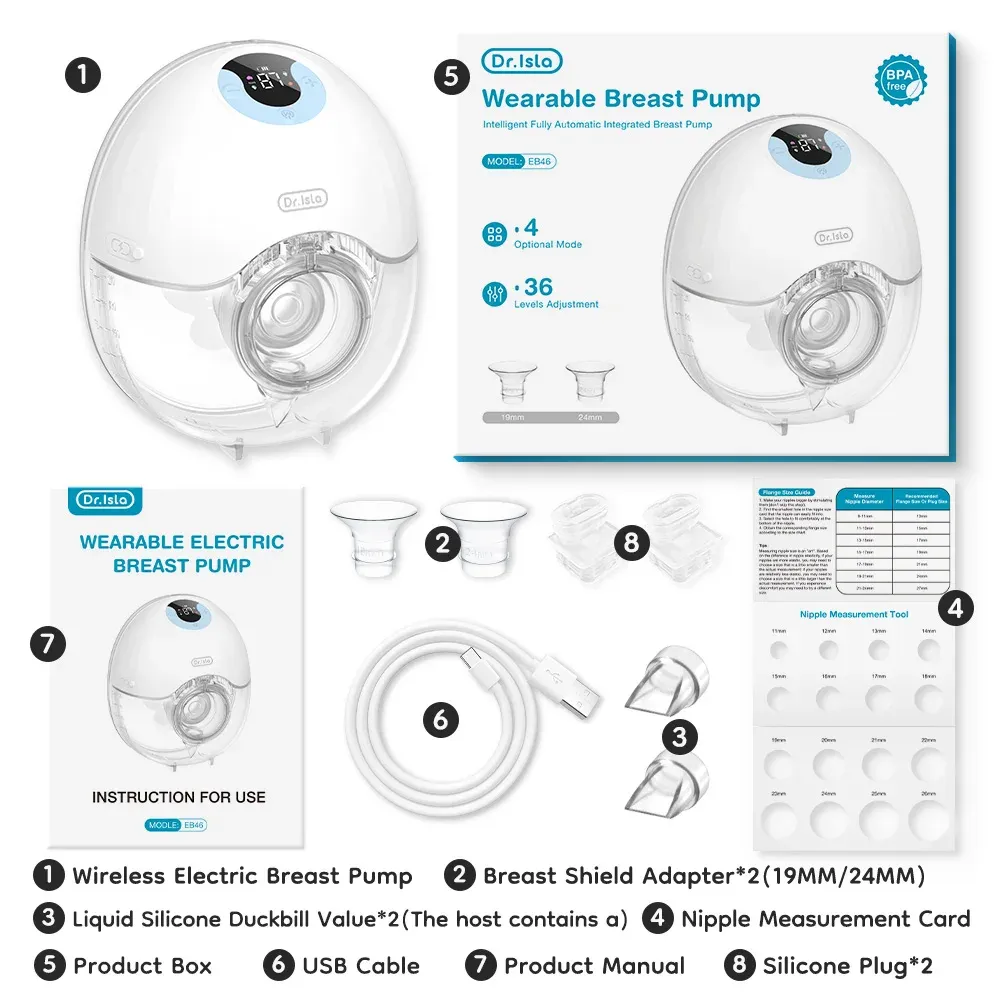 Dr.ISLA Wearable Breast Pump, Hands-Free Electric Milk Collector with LED Display, 4 Modes, 36 Levels, Rechargeable 1600mAh Battery, BPA-Free Liquid Silicone, Blue/Pink thumbnail 6