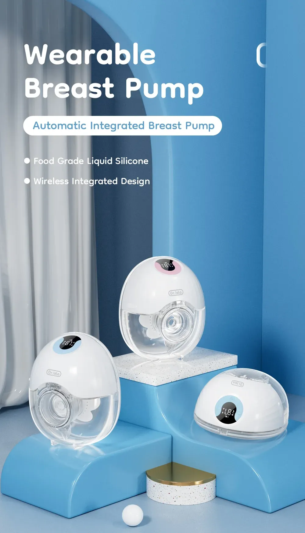 Dr.ISLA Wearable Breast Pump, Hands-Free Electric Milk Collector with LED Display, 4 Modes, 36 Levels, Rechargeable 1600mAh Battery, BPA-Free Liquid Silicone, Blue/Pink showcase 2