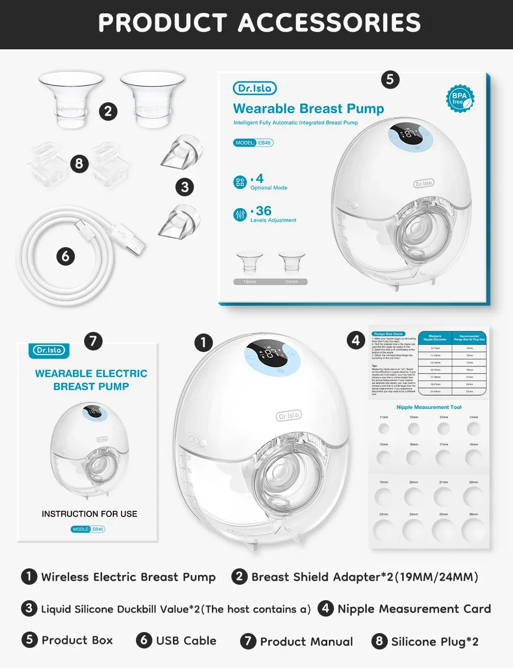 Dr.ISLA Wearable Breast Pump, Hands-Free Electric Milk Collector with LED Display, 4 Modes, 36 Levels, Rechargeable 1600mAh Battery, BPA-Free Liquid Silicone, Blue/Pink showcase 11