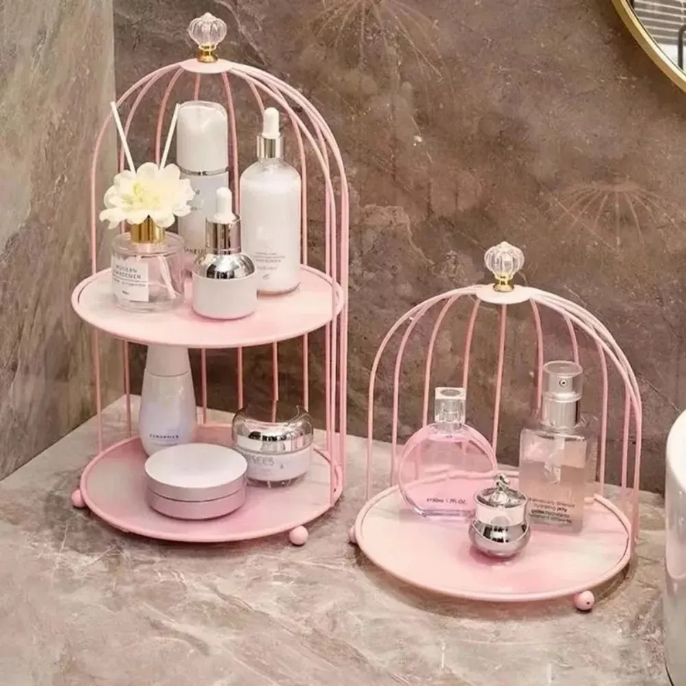 Modern Double-Layer Iron Art Cosmetic Shelf Organizer | Large Capacity Makeup Storage Rack with Bird Cage Design | Ideal for Dressing Table & Bathroom thumbnail 1