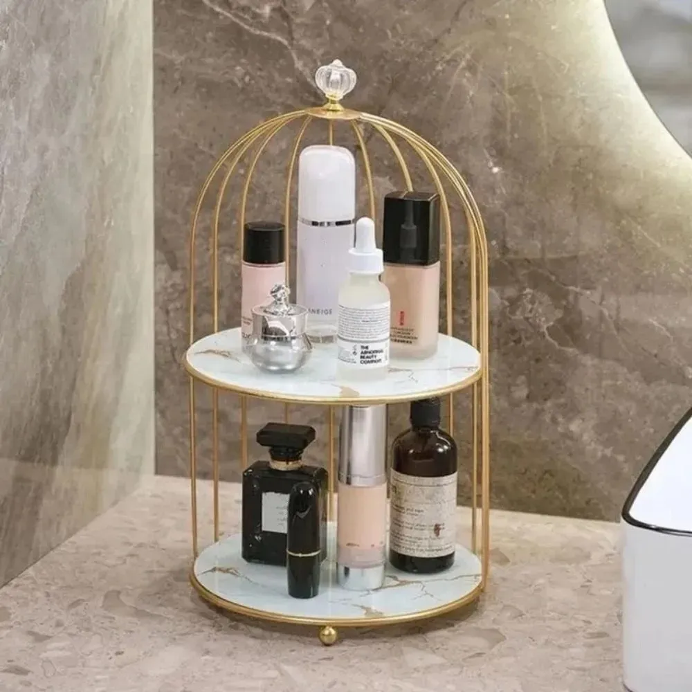 Modern Double-Layer Iron Art Cosmetic Shelf Organizer | Large Capacity Makeup Storage Rack with Bird Cage Design | Ideal for Dressing Table & Bathroom showcase 4