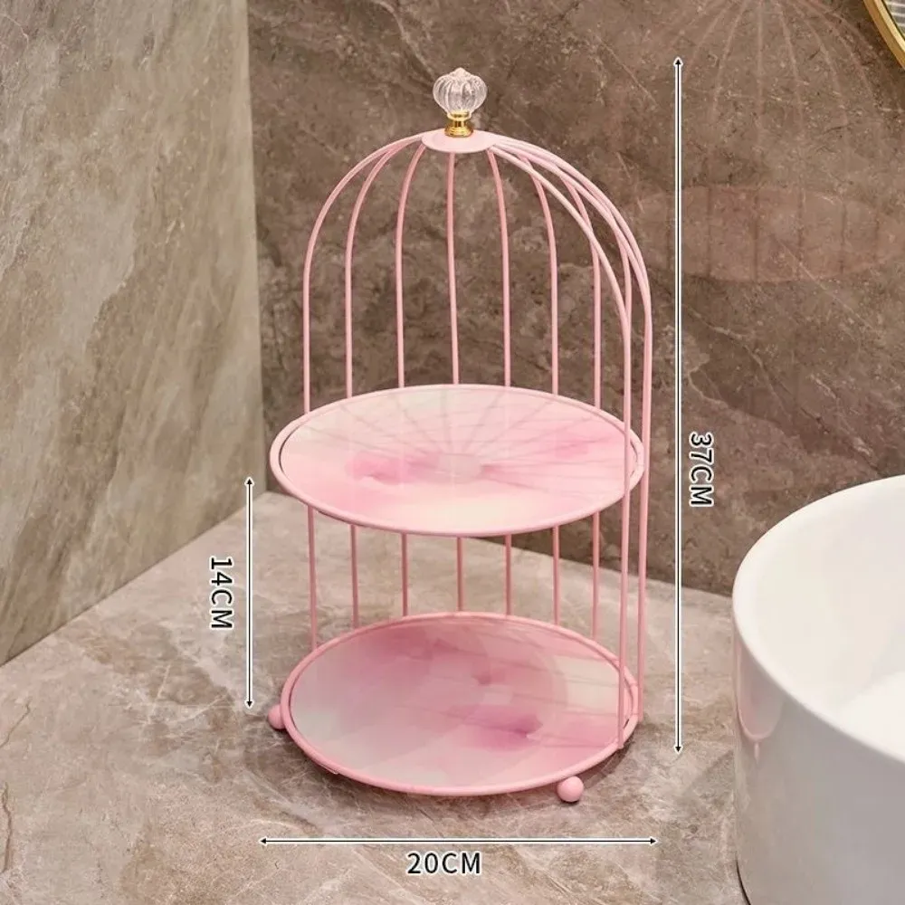 Modern Double-Layer Iron Art Cosmetic Shelf Organizer | Large Capacity Makeup Storage Rack with Bird Cage Design | Ideal for Dressing Table & Bathroom thumbnail 4