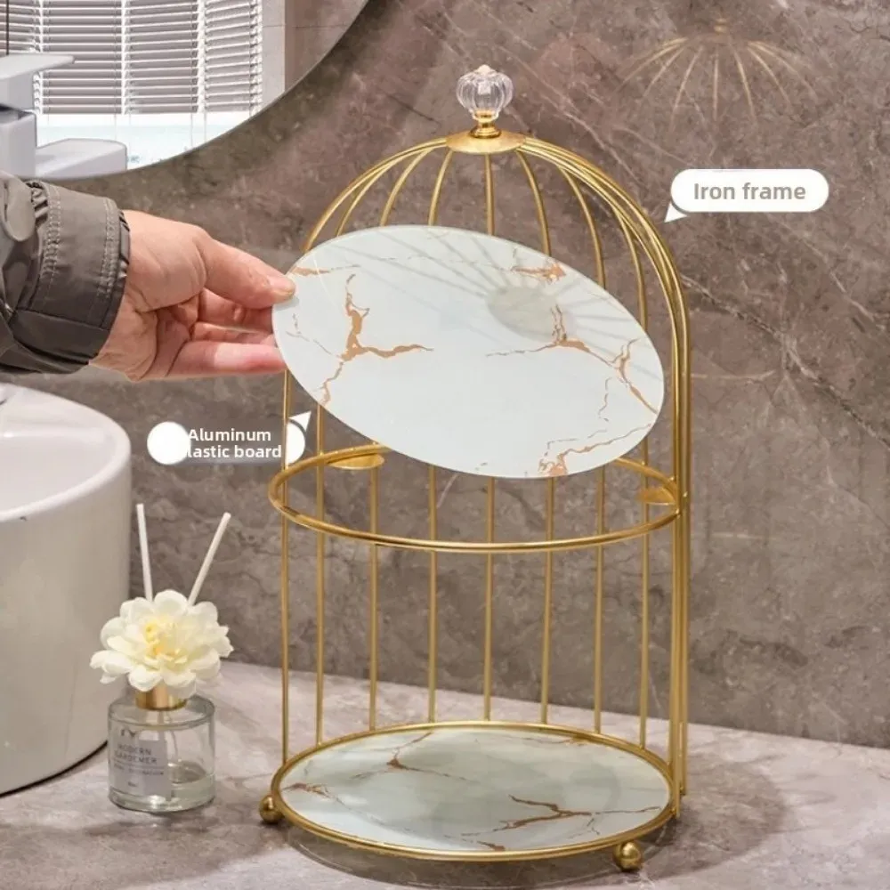 Modern Double-Layer Iron Art Cosmetic Shelf Organizer | Large Capacity Makeup Storage Rack with Bird Cage Design | Ideal for Dressing Table & Bathroom showcase 7