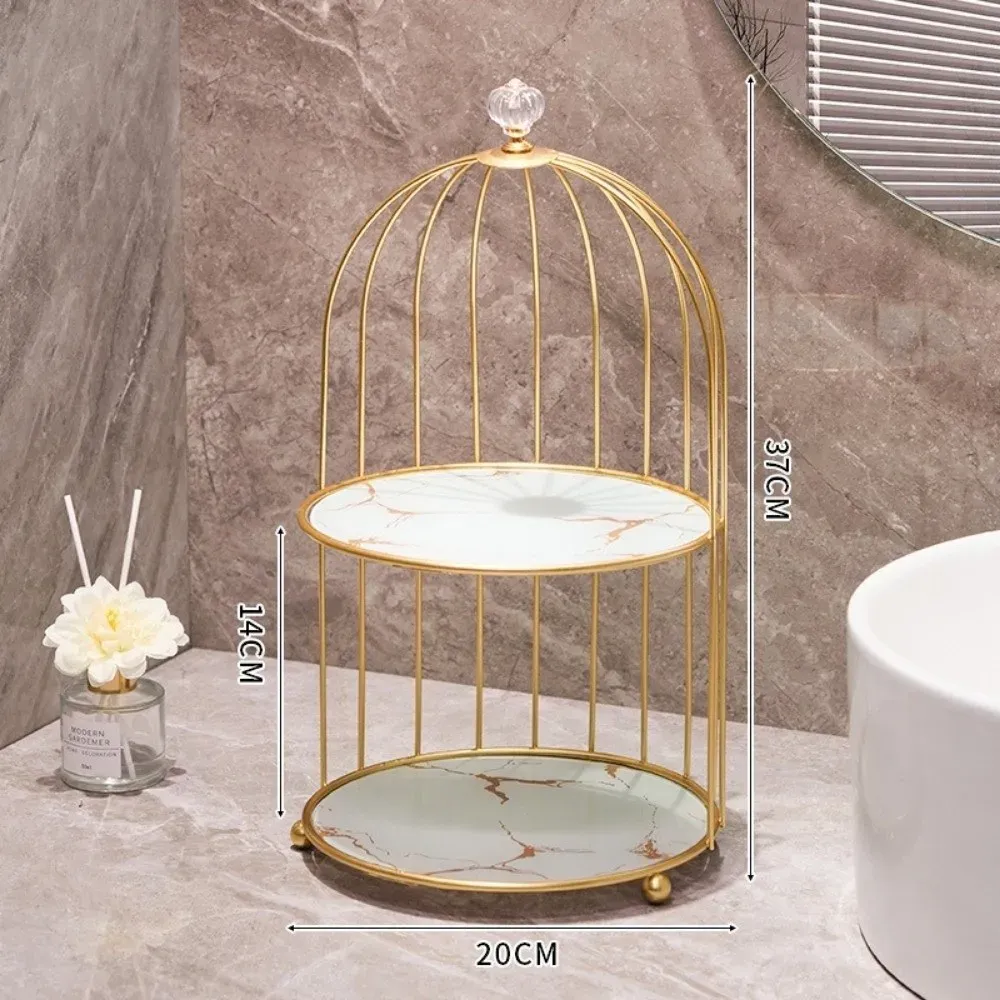 Modern Double-Layer Iron Art Cosmetic Shelf Organizer | Large Capacity Makeup Storage Rack with Bird Cage Design | Ideal for Dressing Table & Bathroom showcase 11