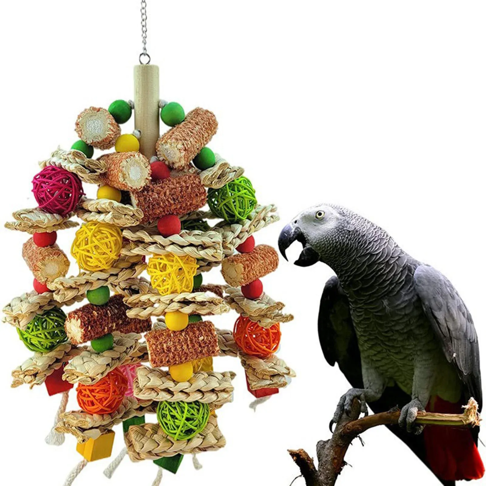 Large Parrot Chewing Toy - Natural Wooden Bird Cage Toy with Corn Nuts, Ideal for African Grey, Macaws, Cockatoos, Parakeets, and Conures - Promotes Healthy Beak and Reduces Anxiety - Image 1