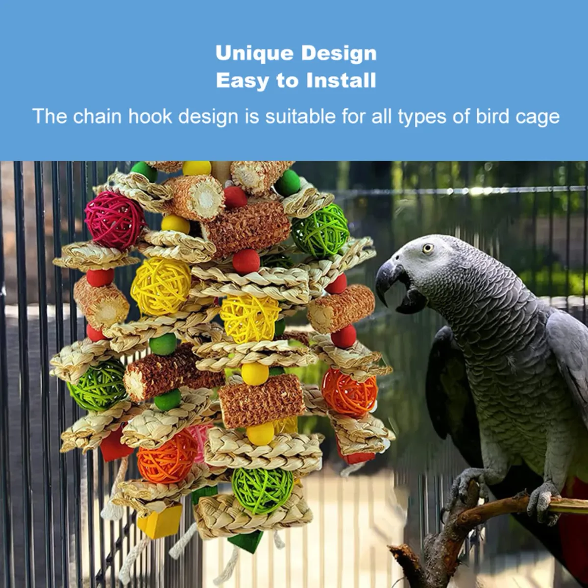 Large Parrot Chewing Toy - Natural Wooden Bird Cage Toy with Corn Nuts, Ideal for African Grey, Macaws, Cockatoos, Parakeets, and Conures - Promotes Healthy Beak and Reduces Anxiety showcase 8