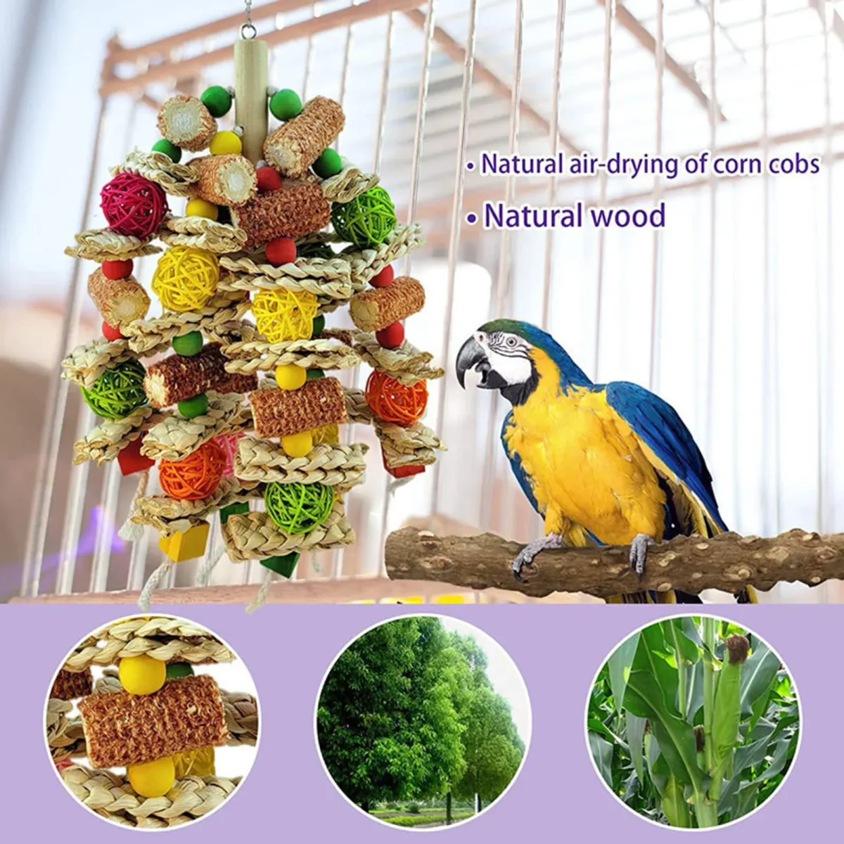Large Parrot Chewing Toy - Natural Wooden Bird Cage Toy with Corn Nuts, Ideal for African Grey, Macaws, Cockatoos, Parakeets, and Conures - Promotes Healthy Beak and Reduces Anxiety showcase 6