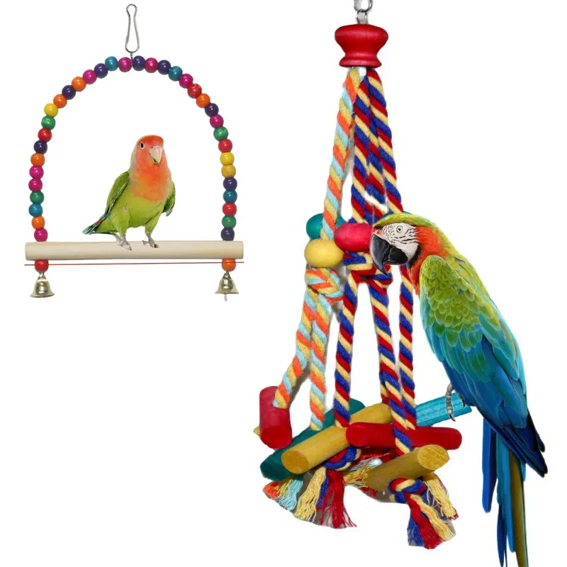 Durable Bird Rope Perch Toy Set for Parrots & Small Birds - Natural Wood Chewing & Training Accessories, Safe & Non-Toxic, Random Colors for Cage Enrichment showcase 1