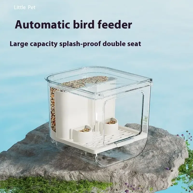 Automatic Bird Feeder Dispenser with Double Slot, Large Capacity Transparent Cage, Splash-Proof Hanging Design for Convenient Pet Bird Feeding thumbnail 3