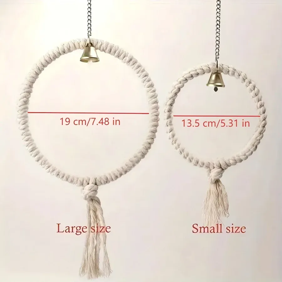 Natural Hemp Rope Bird Toy Ring with Bell - Large 7.87" Small 5.31" Parrot Cage Accessory for Climbing, Chewing, Decorating, and Play thumbnail 2