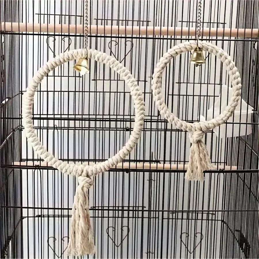 Natural Hemp Rope Bird Toy Ring with Bell - Large 7.87" Small 5.31" Parrot Cage Accessory for Climbing, Chewing, Decorating, and Play thumbnail 1