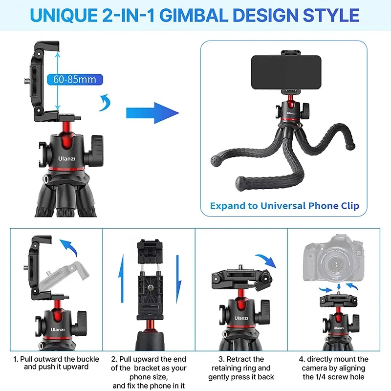 VIJIM MT-33 Flexible Octopus Tripod for Phone & Camera, 2-in-1 Design with Phone Holder, Side Cold Shoe Mount, 1/4" Screw, Ideal for Vlogging & Outdoor Photography thumbnail 2