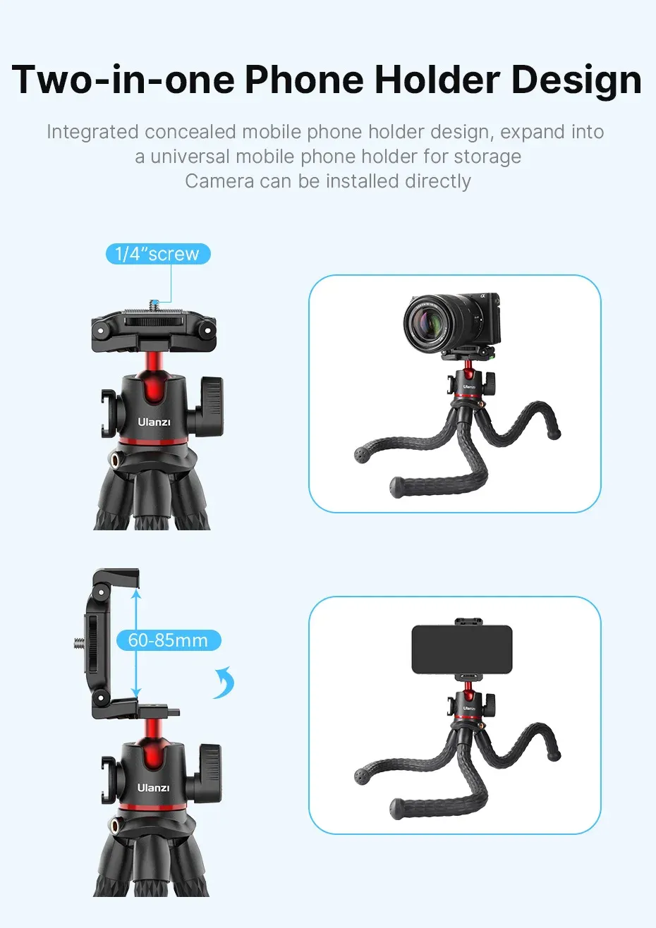 VIJIM MT-33 Flexible Octopus Tripod for Phone & Camera, 2-in-1 Design with Phone Holder, Side Cold Shoe Mount, 1/4" Screw, Ideal for Vlogging & Outdoor Photography showcase 2