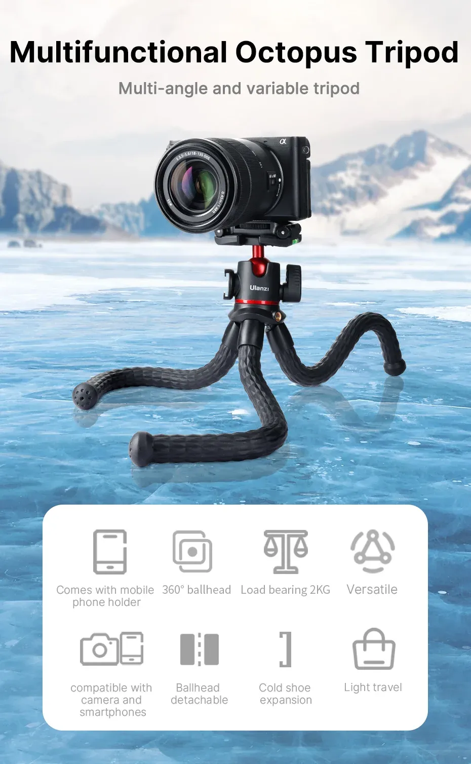 VIJIM MT-33 Flexible Octopus Tripod for Phone & Camera, 2-in-1 Design with Phone Holder, Side Cold Shoe Mount, 1/4" Screw, Ideal for Vlogging & Outdoor Photography showcase 1