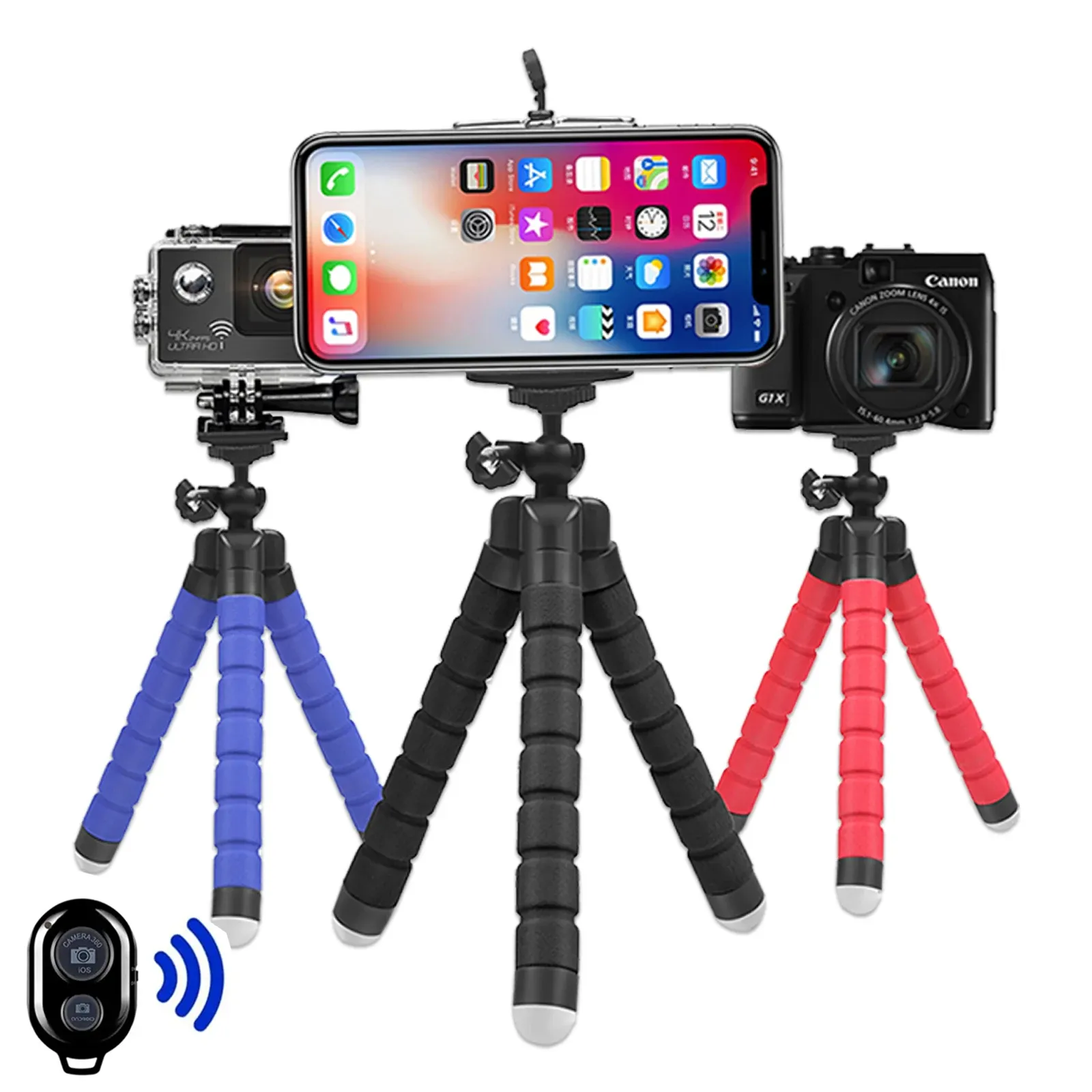Flexible Octopus Tripod for Phone & GoPro Cameras - Portable Monopod Stand with Universal Mount, Adjustable Clip, Lightweight (60g), Black/Red thumbnail 1
