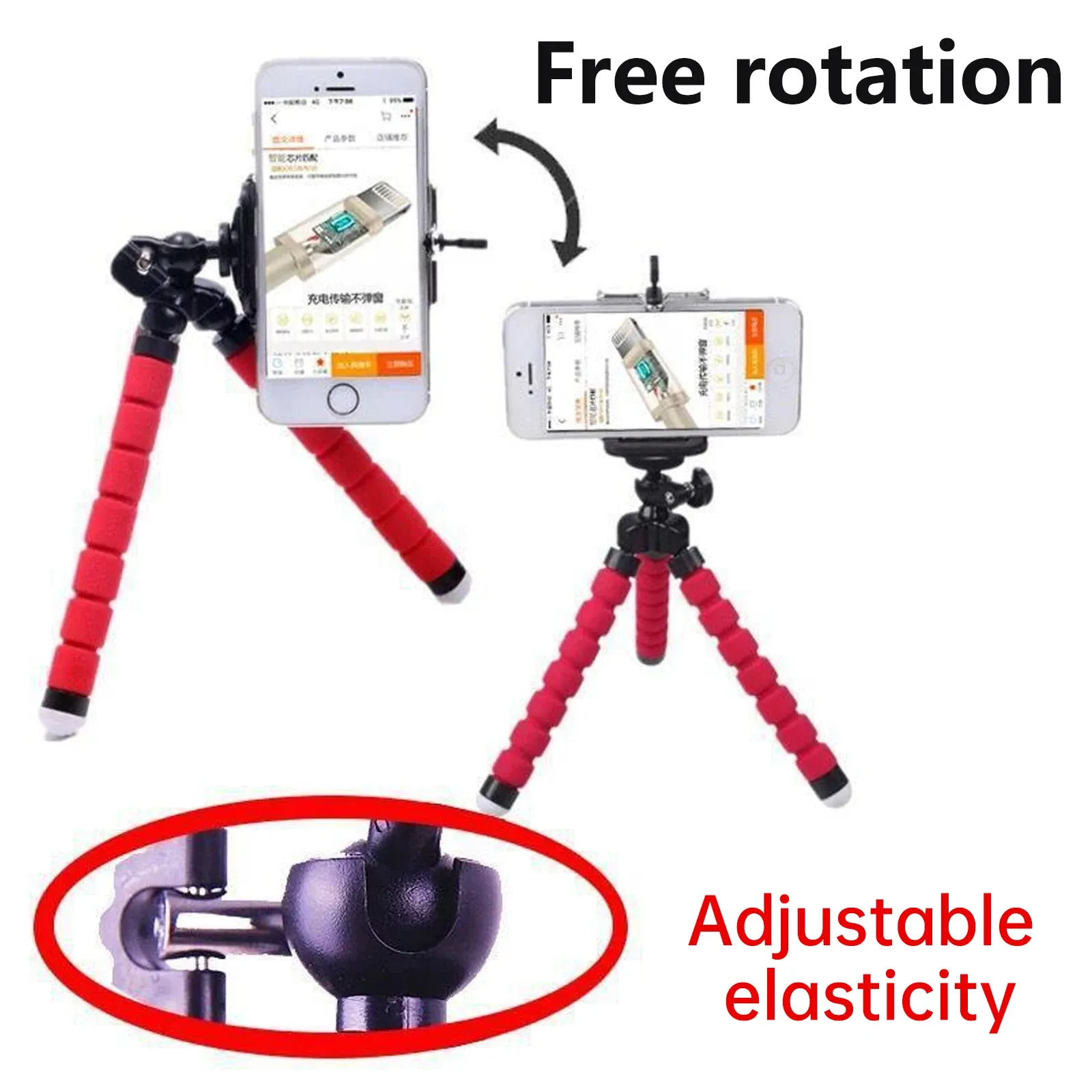 Flexible Octopus Tripod for Phone & GoPro Cameras - Portable Monopod Stand with Universal Mount, Adjustable Clip, Lightweight (60g), Black/Red thumbnail 6