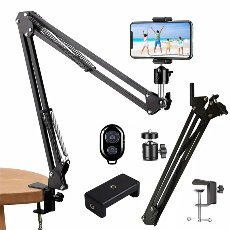 Flexible Gooseneck Phone Tripod Stand with Bluetooth Remote for Live Streaming, Video Recording, Overhead Shots - Adjustable Desk Mount for Phones, Cameras, Microphones thumbnail 1
