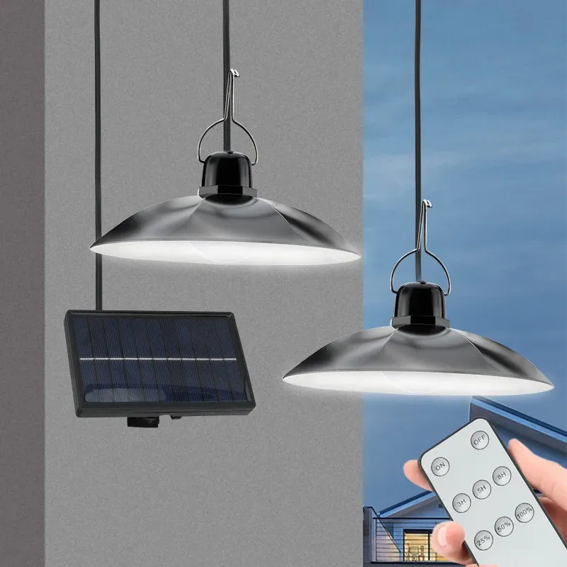 Solar Pendant Light with Remote Control - Dual Head LED Chandelier for Outdoor Garden, Camping, Patio - Energy Efficient White Light thumbnail 1