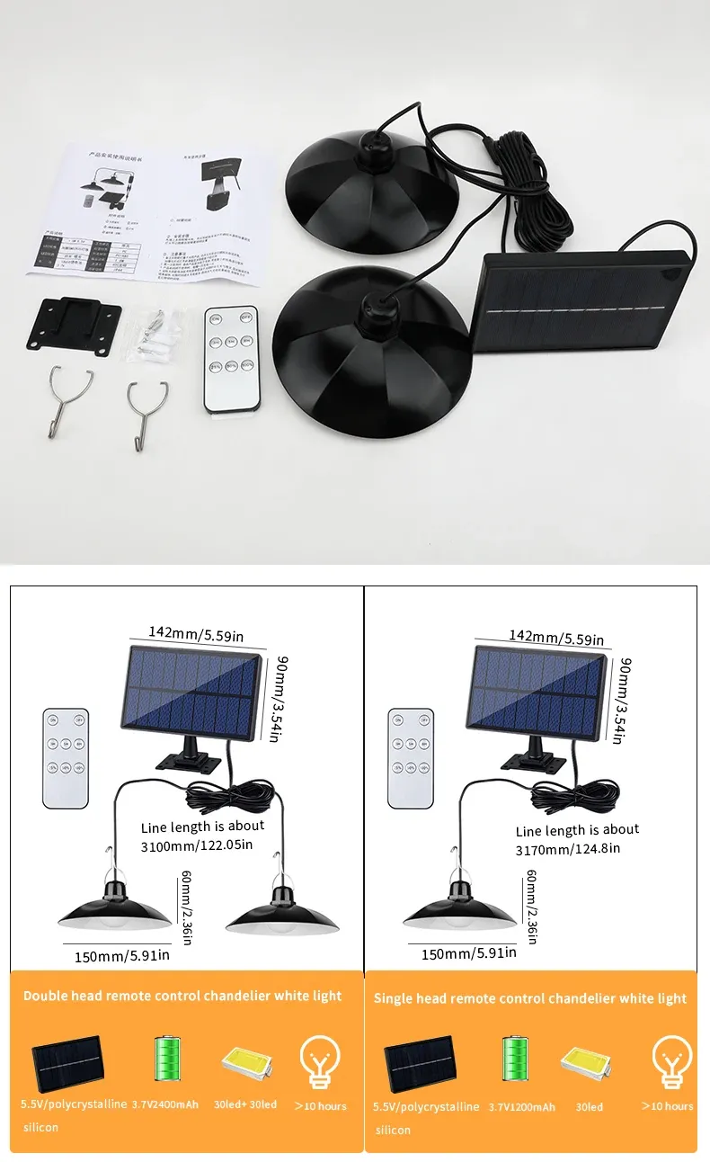 Solar Pendant Light with Remote Control - Dual Head LED Chandelier for Outdoor Garden, Camping, Patio - Energy Efficient White Light showcase 5