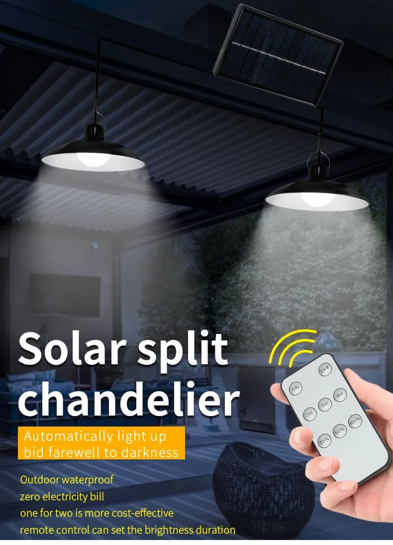 Solar Pendant Light with Remote Control - Dual Head LED Chandelier for Outdoor Garden, Camping, Patio - Energy Efficient White Light showcase 1