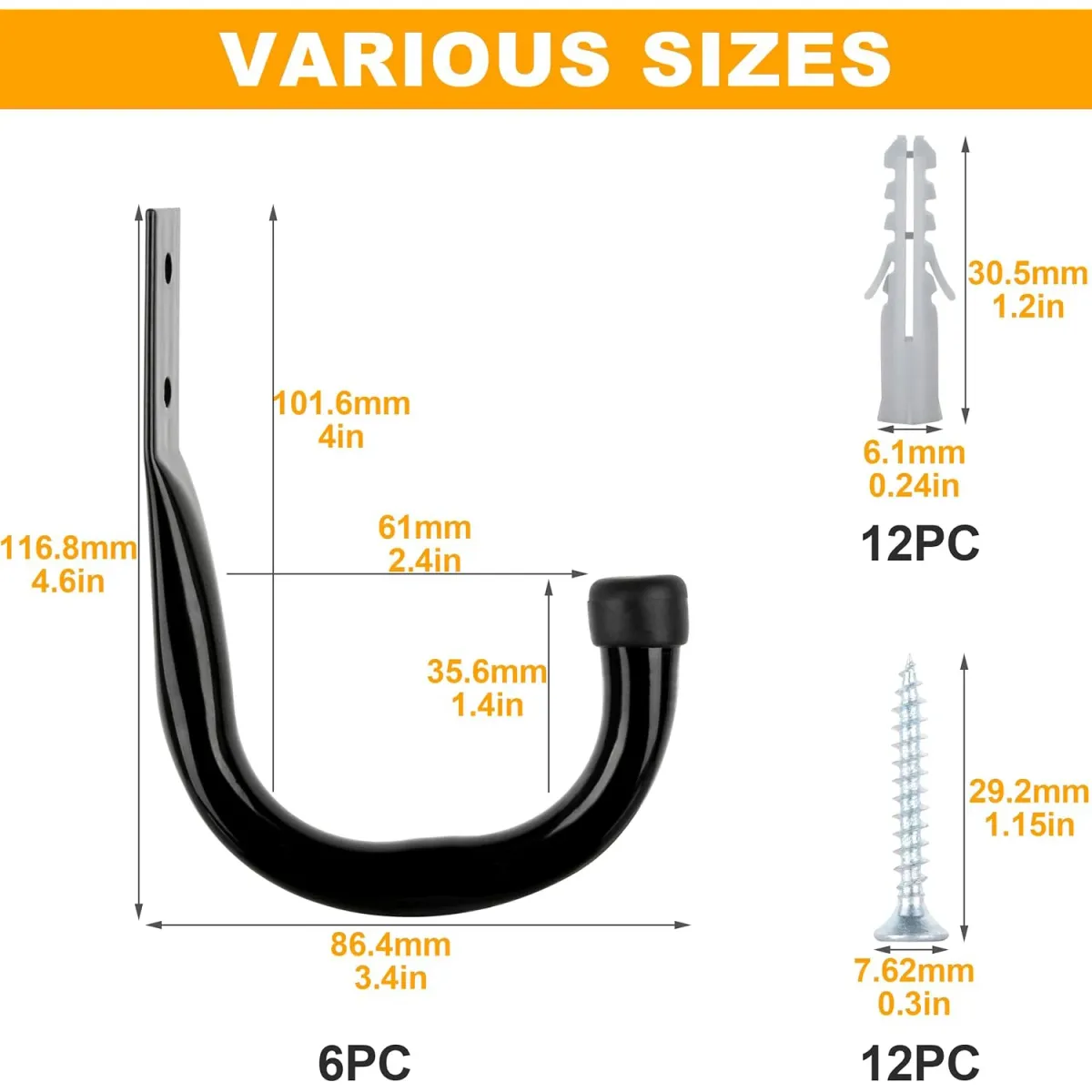 Heavy-Duty Garage Hooks - Pack of 6 Large Wall-Mounted Storage Hooks for Tools, Extension Cords, Cables, and More - Black Powder-Coated Steel for Maximum Durability showcase 2