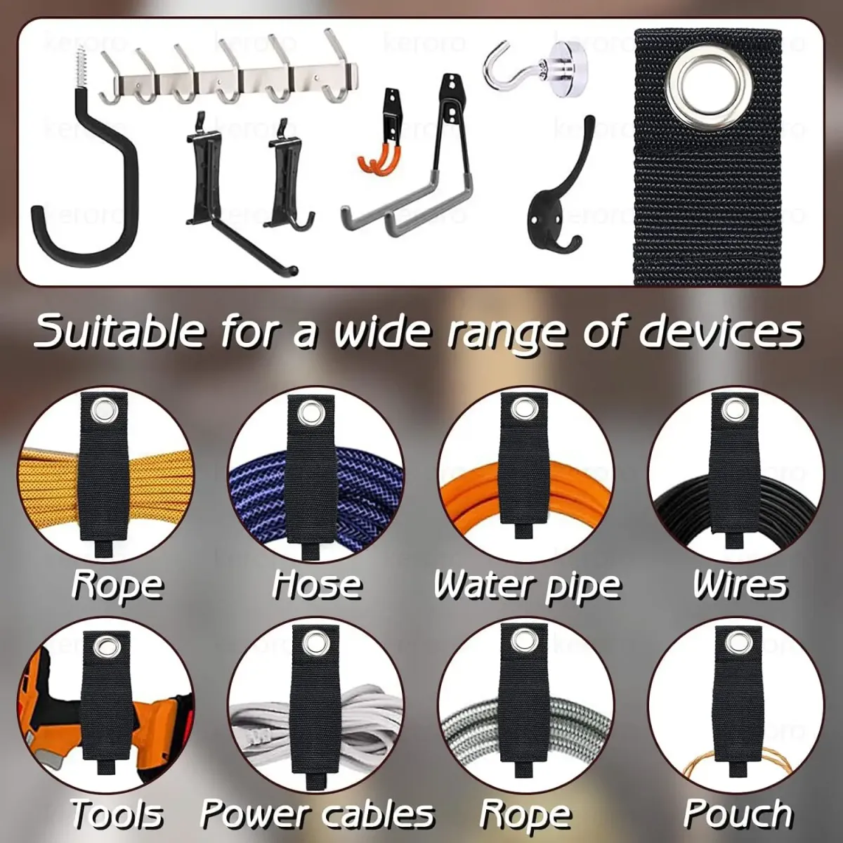 Heavy-Duty Extension Cord Holder Organizer Strap with Stainless Steel Grommet for Garage, Shed, Work Van - Weatherproof Polypropylene, 50 lbs Capacity showcase 4