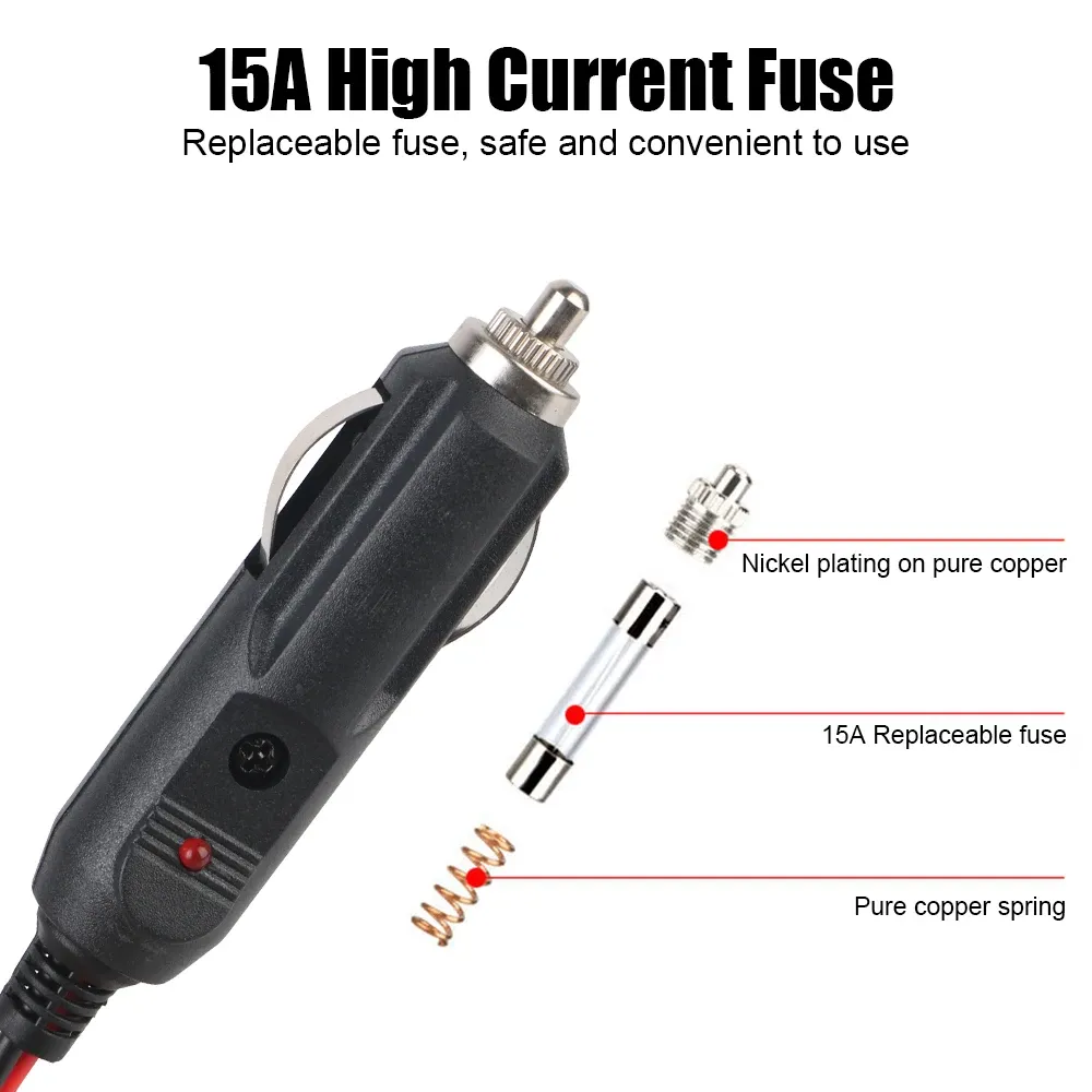 12V/24V Car Cigarette Lighter Extension Cord with Crocodile Clips, 1.5M Heavy Duty 15A Fuse Power Adapter Cable for GPS, Dash Cams, Vehicle Devices thumbnail 3