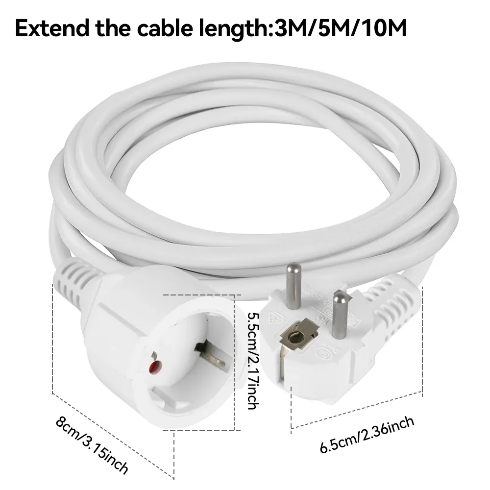 3M/5M/10M EU Plug Power Extension Cord, 16A/250V Heavy Duty Socket with 1.5mm² Wire, 3680W Max Power, CE Certified Safety Cable for European Devices thumbnail 2