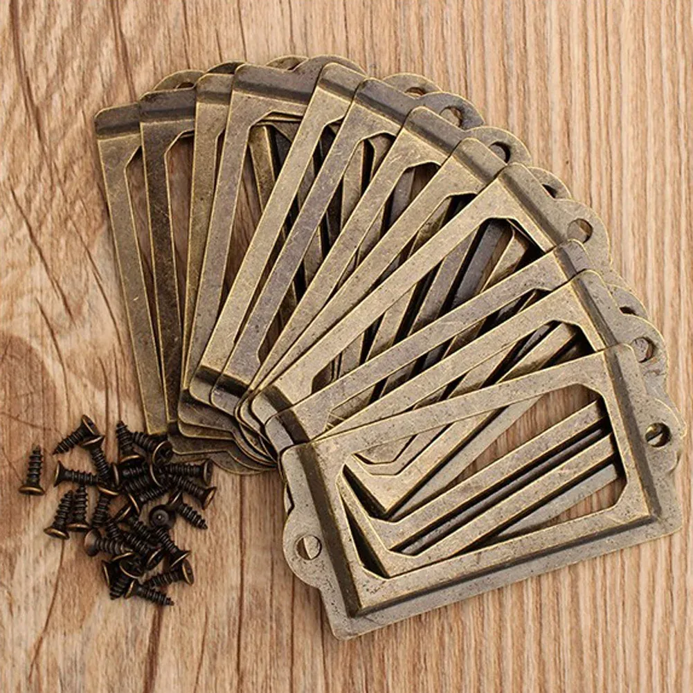 12Pcs Antique Brass Metal Label Pull Handles with Screws for Furniture Cabinets, Drawers, Boxes, and Bins - Vintage Retro Style Card Holders showcase 6
