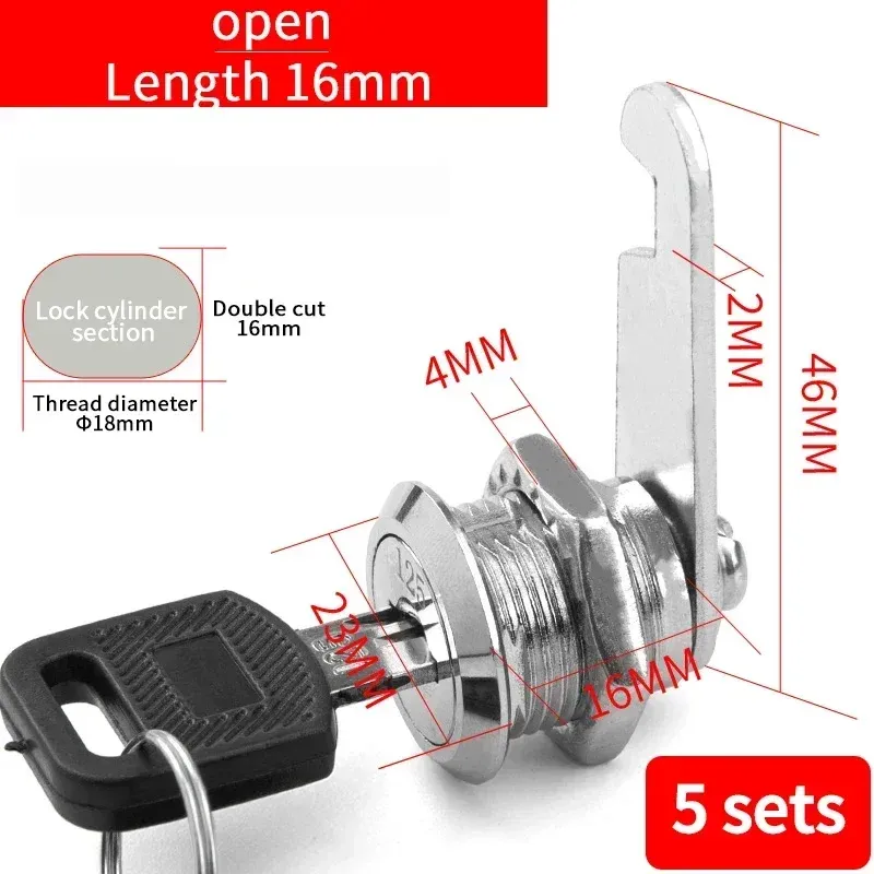 Metal Cylinder Cam Lock with 2 Keys for Cabinets, Lockers, Drawers, Mailboxes, File Cabinets - Available in Same Key or Different Key Options, 16mm showcase 16