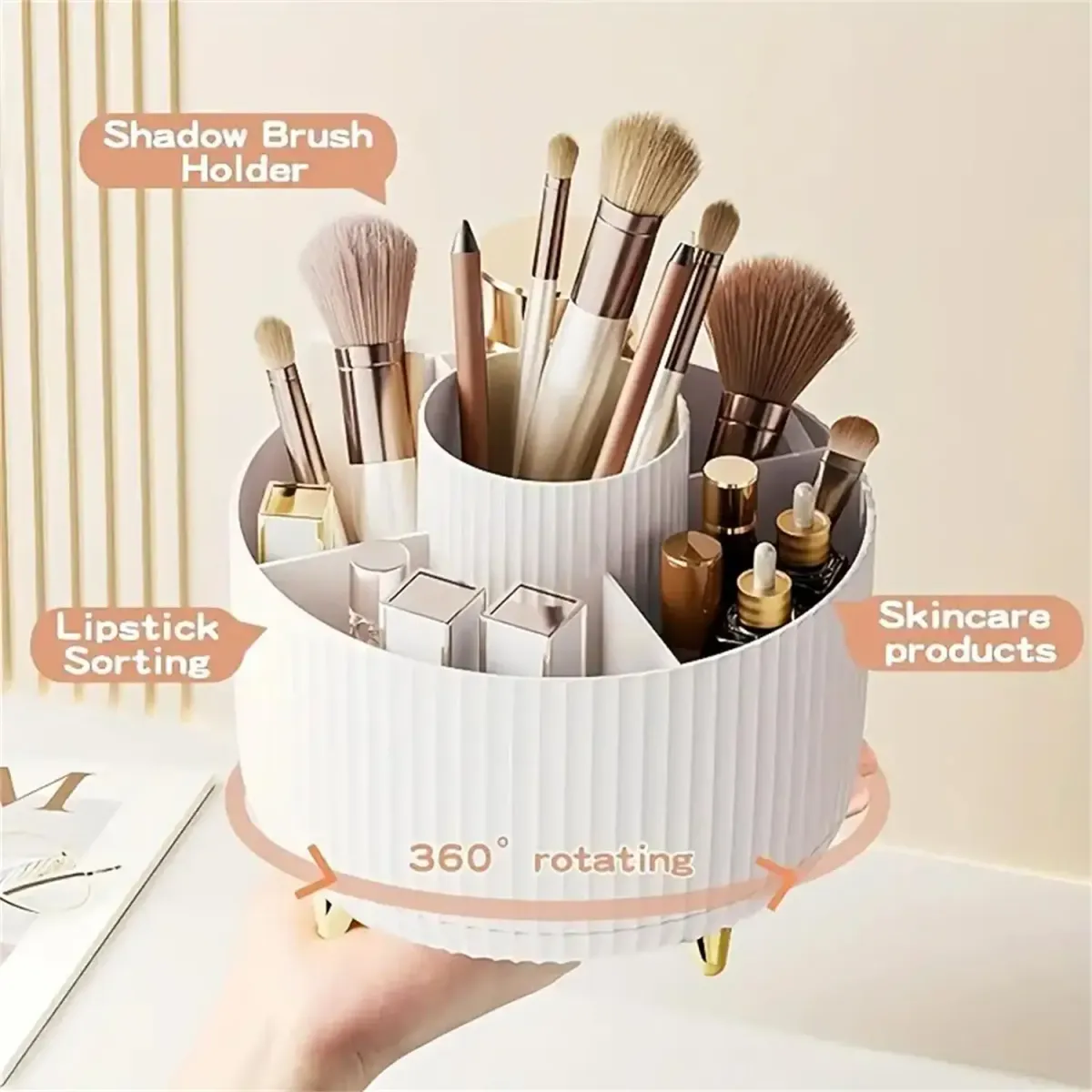 360° Rotating Makeup Organizer - Plastic Cosmetic Storage with 5 Compartments, Multi-Functional Holder for Brushes, Skincare, and Accessories - Ideal for Vanity Tables and Bathrooms showcase 1