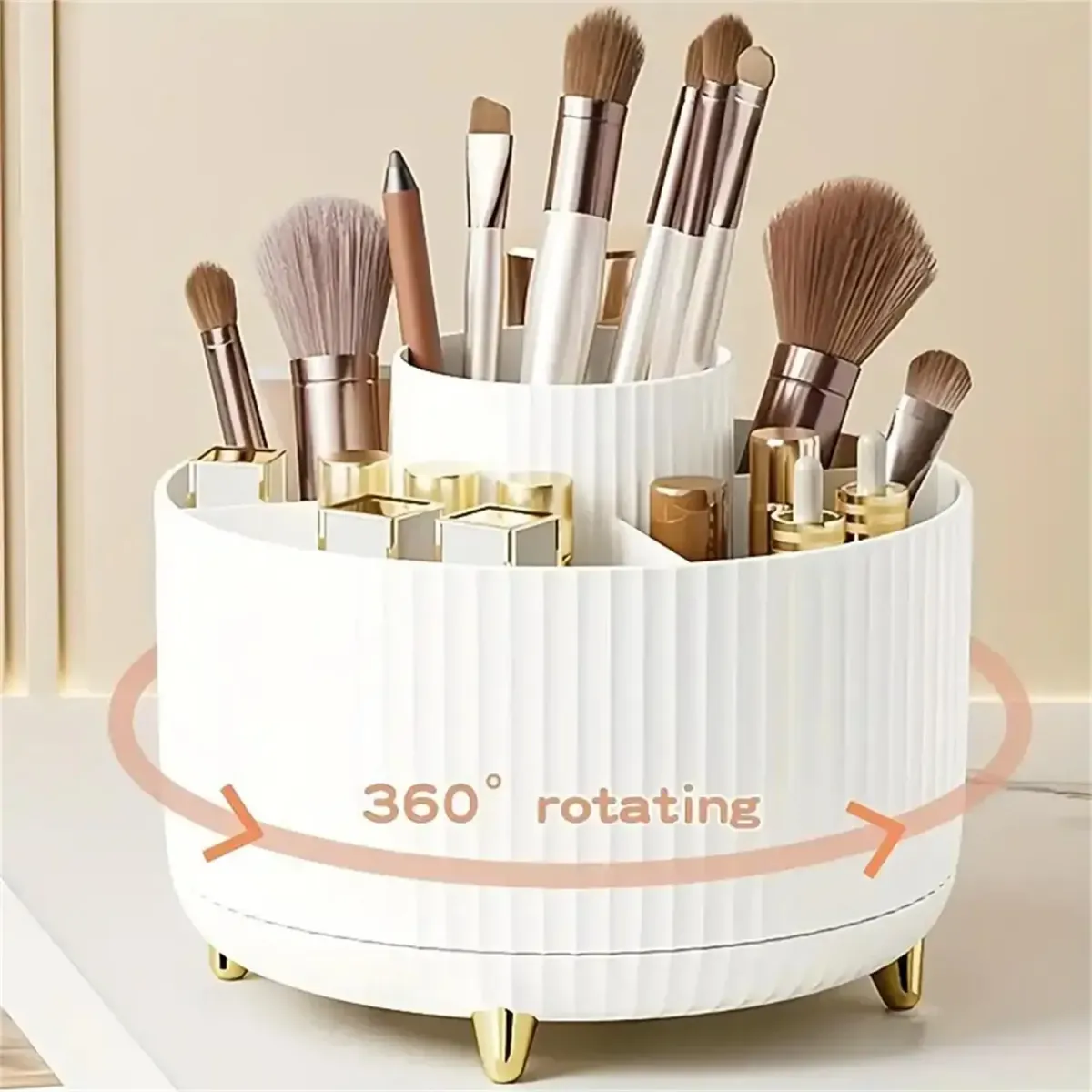 360° Rotating Makeup Organizer - Plastic Cosmetic Storage with 5 Compartments, Multi-Functional Holder for Brushes, Skincare, and Accessories - Ideal for Vanity Tables and Bathrooms showcase 3