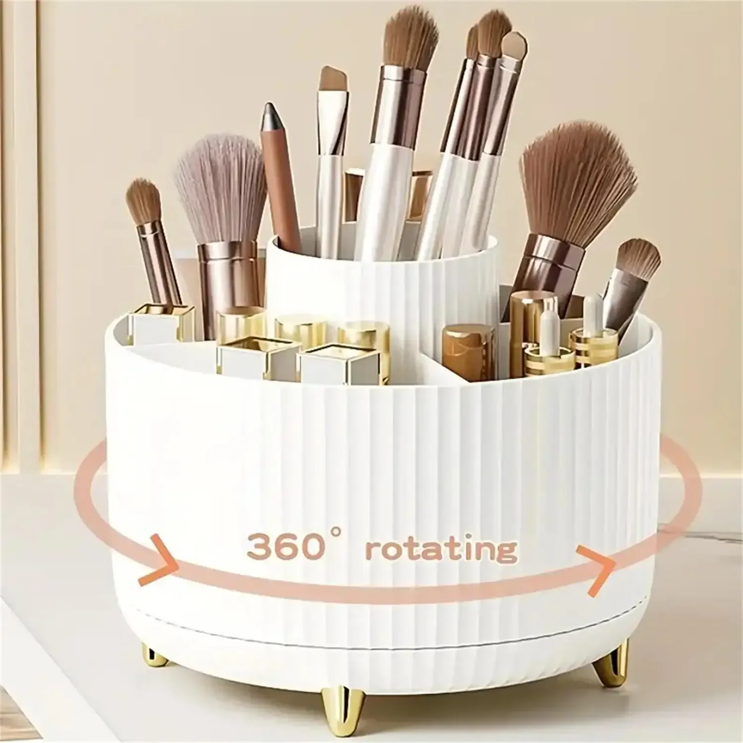 360° Rotating Makeup Organizer - Plastic Cosmetic Storage with 5 Compartments, Multi-Functional Holder for Brushes, Skincare, and Accessories - Ideal for Vanity Tables and Bathrooms thumbnail 1