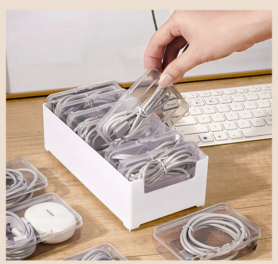 Durable Plastic Cable Organizer Storage Box with 7 Small Compartments and Large Base Tray - Ideal for Office Supplies, Electronics Accessories, Jewelry, and Daily Essentials thumbnail 1