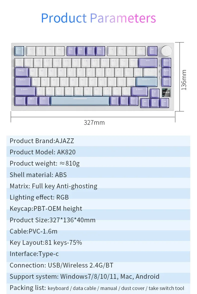 AJAZZ AK820 Pro Tri-Mode Mechanical Gaming Keyboard - 70% Compact RGB Hot-Swappable Layout for PC/Mac, Wired & Wireless Connectivity showcase 13