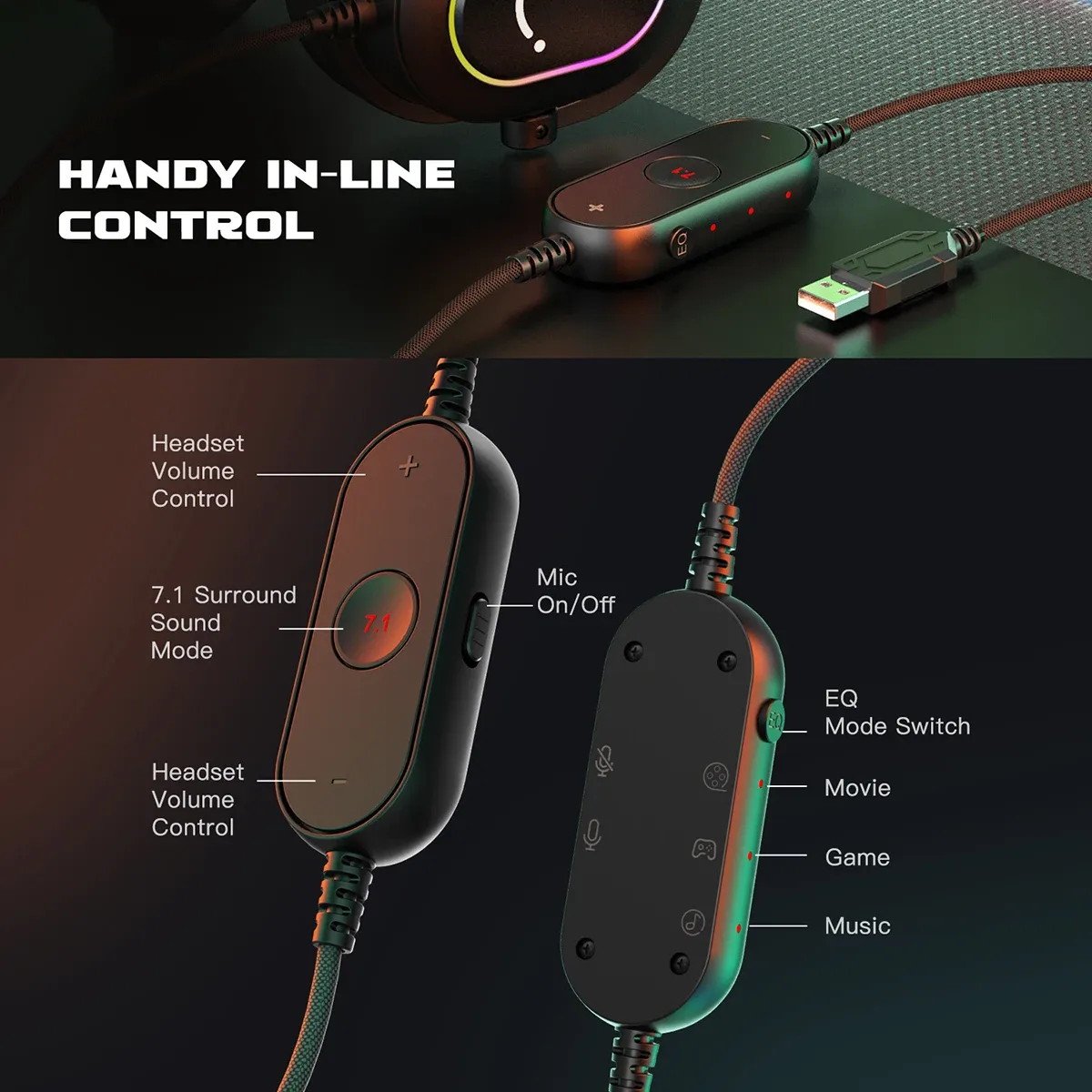 Fifine RGB Gaming Headset with Mic, 7.1 Surround Sound Over-Ear Headphones for PC, PS4, PS5, 3 EQ Modes for Game, Movie, Music, Immersive Audio Experience thumbnail 5