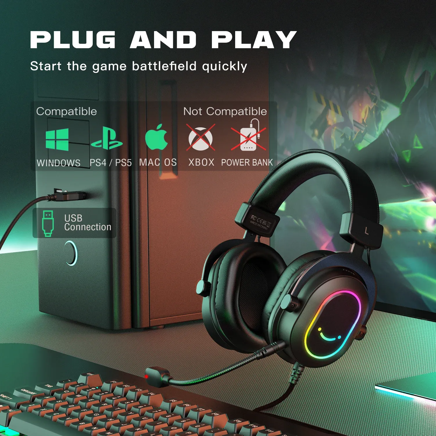 Fifine RGB Gaming Headset with Mic, 7.1 Surround Sound Over-Ear Headphones for PC, PS4, PS5, 3 EQ Modes for Game, Movie, Music, Immersive Audio Experience thumbnail 6