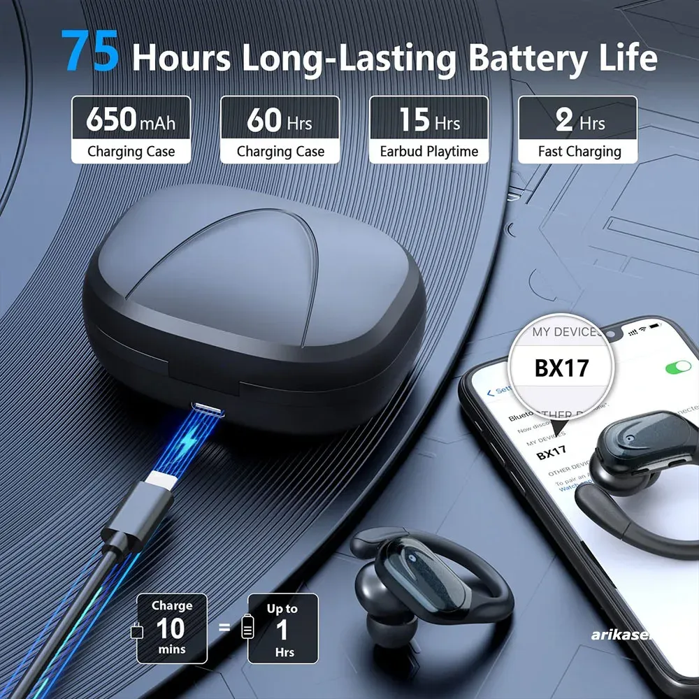 Wireless Sport Earbuds Bluetooth 5.3 Headphones with Noise Cancelling Mic, 75H Playtime, HiFi Stereo Sound, LED Display, USB-C Charging, IPX6 Waterproof for Running & Fitness showcase 13