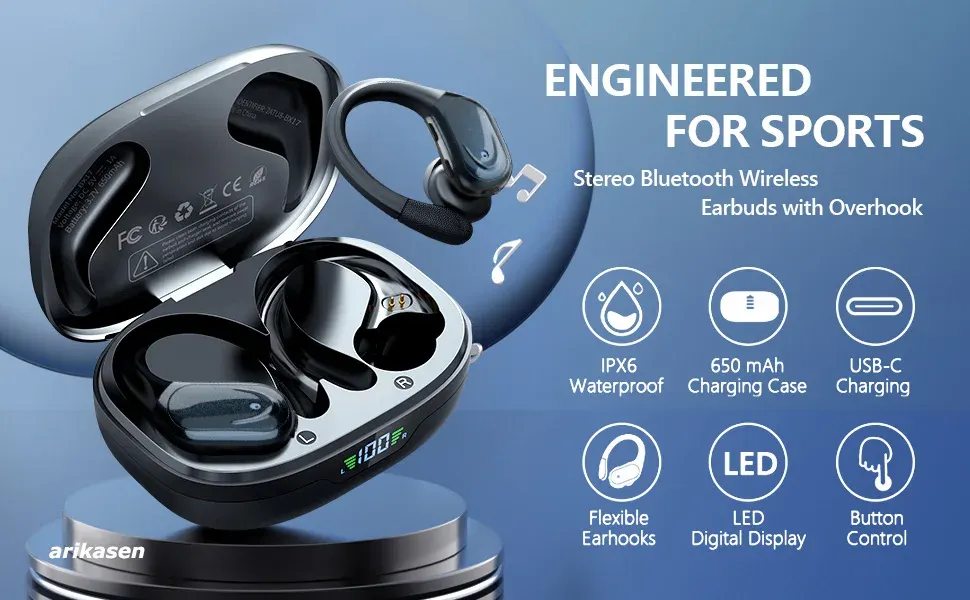 Wireless Sport Earbuds Bluetooth 5.3 Headphones with Noise Cancelling Mic, 75H Playtime, HiFi Stereo Sound, LED Display, USB-C Charging, IPX6 Waterproof for Running & Fitness showcase 8