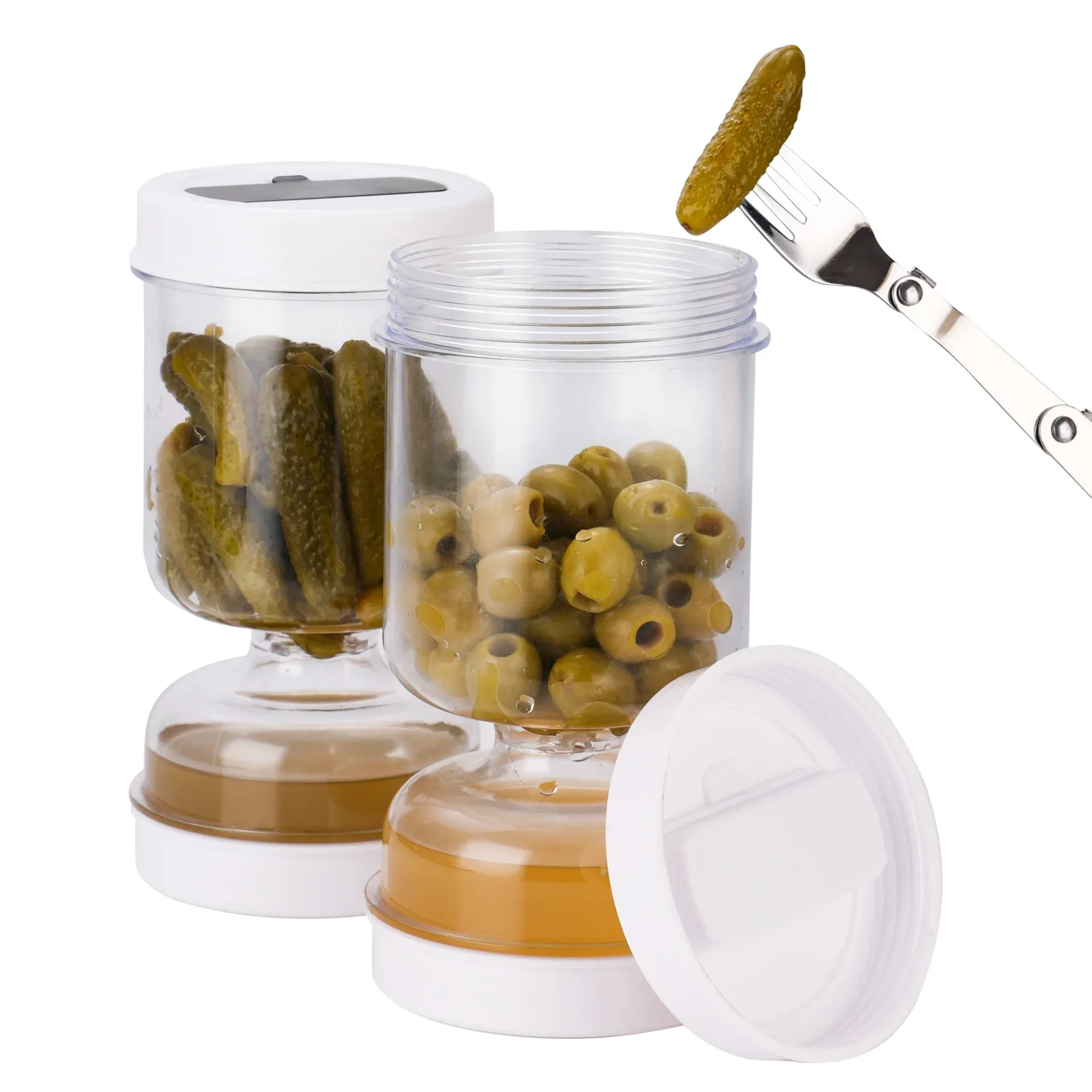 Airtight Olive and Pickle Strainer Jar, Flip Top Hourglass Food Storage Container for Kitchen, Reusable Food Grade Plastic thumbnail 1