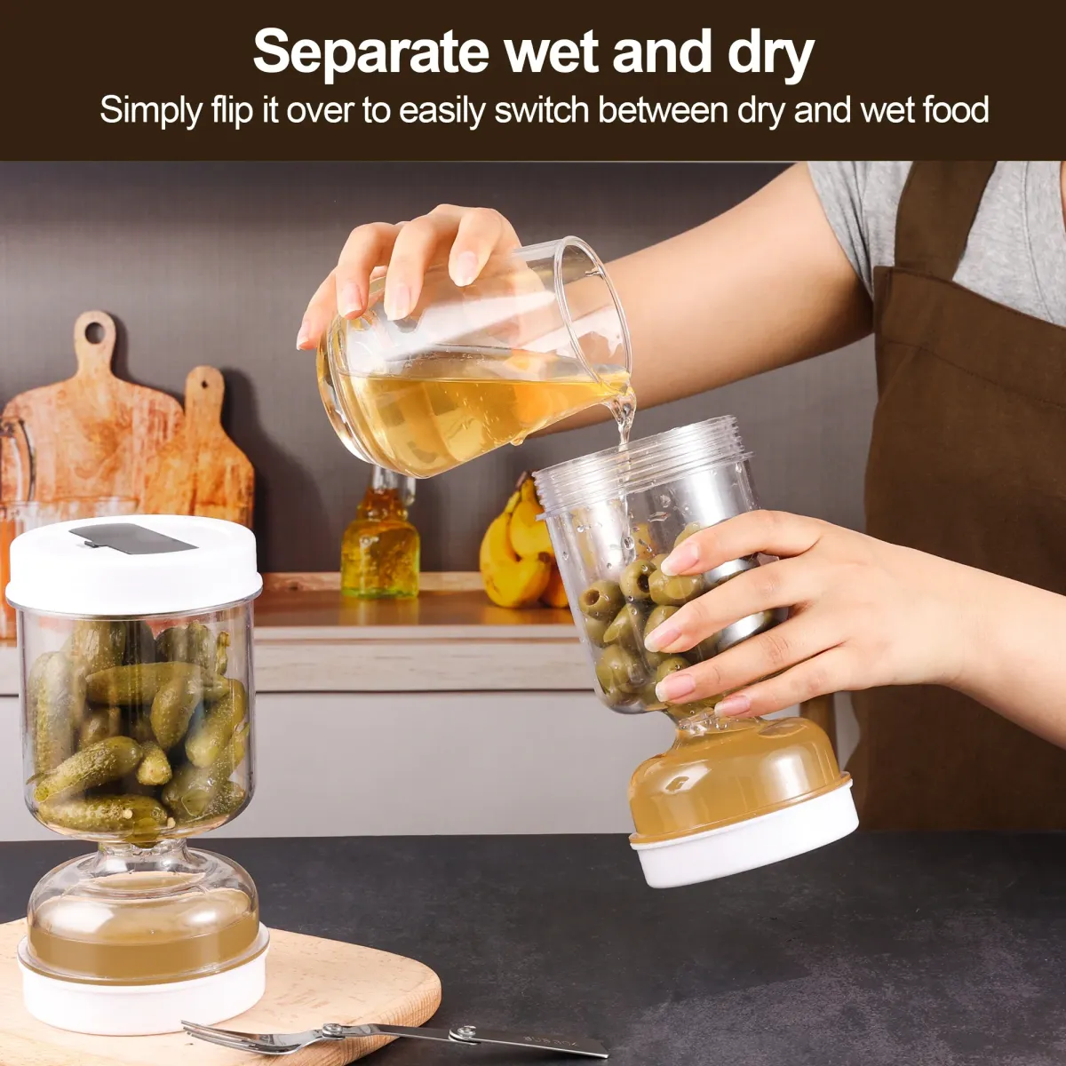 Airtight Olive and Pickle Strainer Jar, Flip Top Hourglass Food Storage Container for Kitchen, Reusable Food Grade Plastic showcase 3