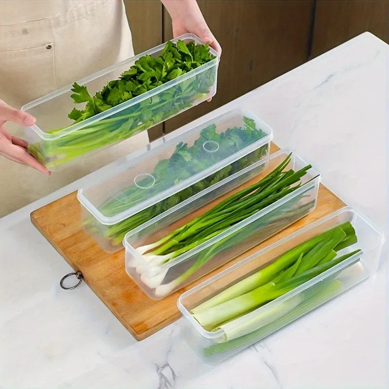 4 Pcs Long Rectangular Food Storage Containers Set - Reusable Plastic Refrigerator Organizer Boxes for Kitchen & Pantry Organization thumbnail 2