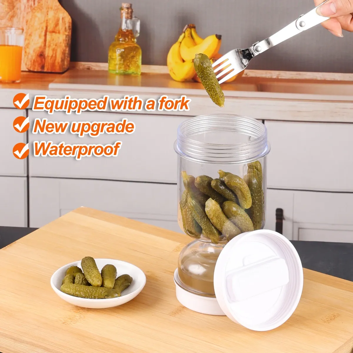 Airtight Olive and Pickle Strainer Jar - Flip Lid Food Storage Container for Kitchen, Reusable Hourglass Design showcase 5