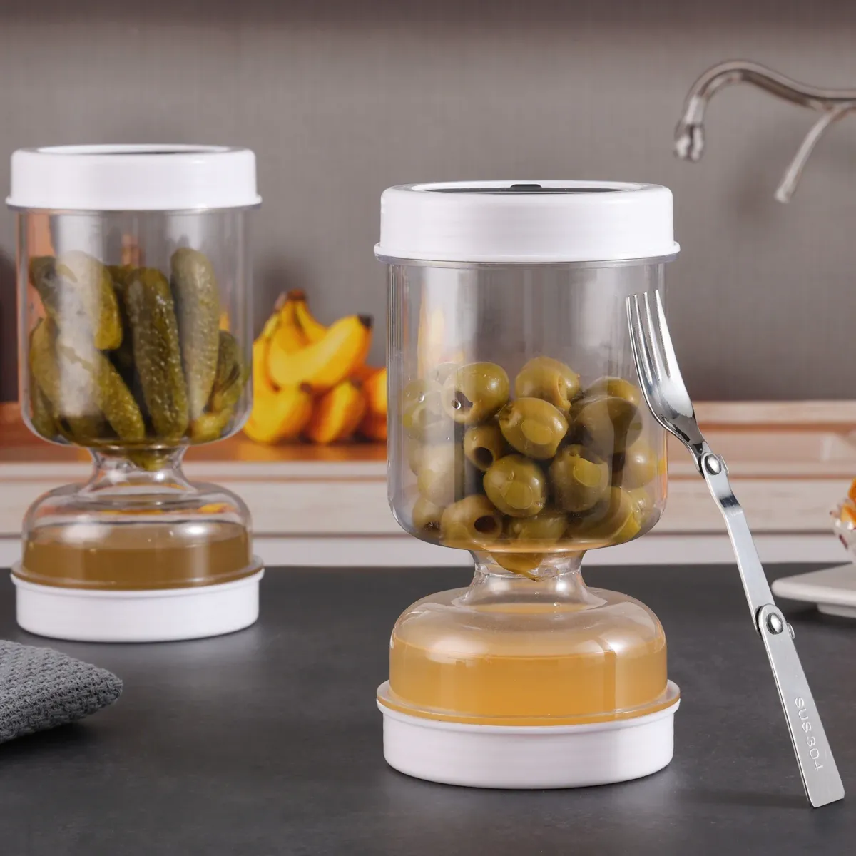Airtight Olive and Pickle Strainer Jar - Flip Lid Food Storage Container for Kitchen, Reusable Hourglass Design showcase 6