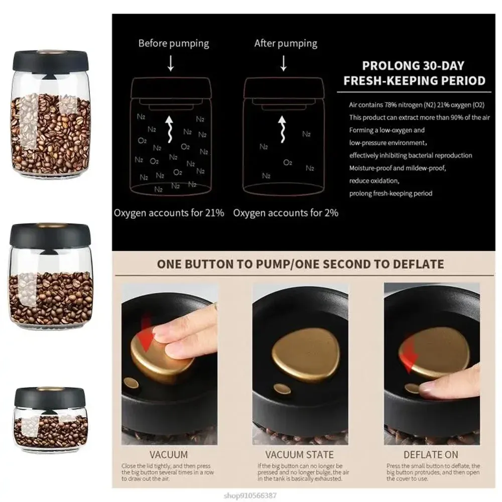 Vacuum Sealed Coffee Bean Canister Transparent Glass Airtight Food Storage Jar with Pump Lid - Keeps Beans Fresh for Months, Moisture-Proof, Odor-Free - Perfect for Coffee, Tea, Spices, Nuts thumbnail 4