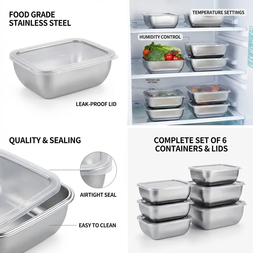 5PCS Stainless Steel Food Storage Containers Stackable Meal Prep Lunch Boxes with Clear Leak-Proof Lids for Kitchen Fridge Travel - Reusable Eco-Friendly Solution thumbnail 5