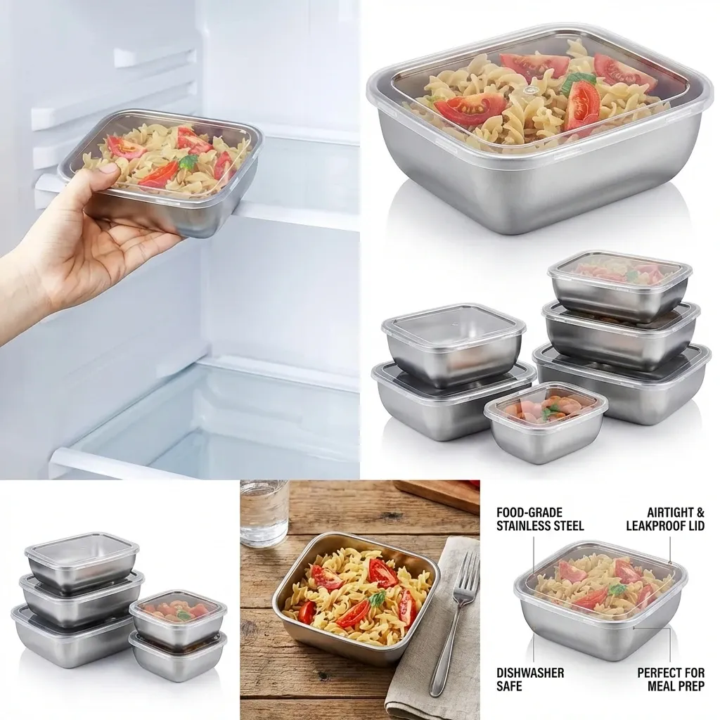 5PCS Stainless Steel Food Storage Containers Stackable Meal Prep Lunch Boxes with Clear Leak-Proof Lids for Kitchen Fridge Travel - Reusable Eco-Friendly Solution showcase 4