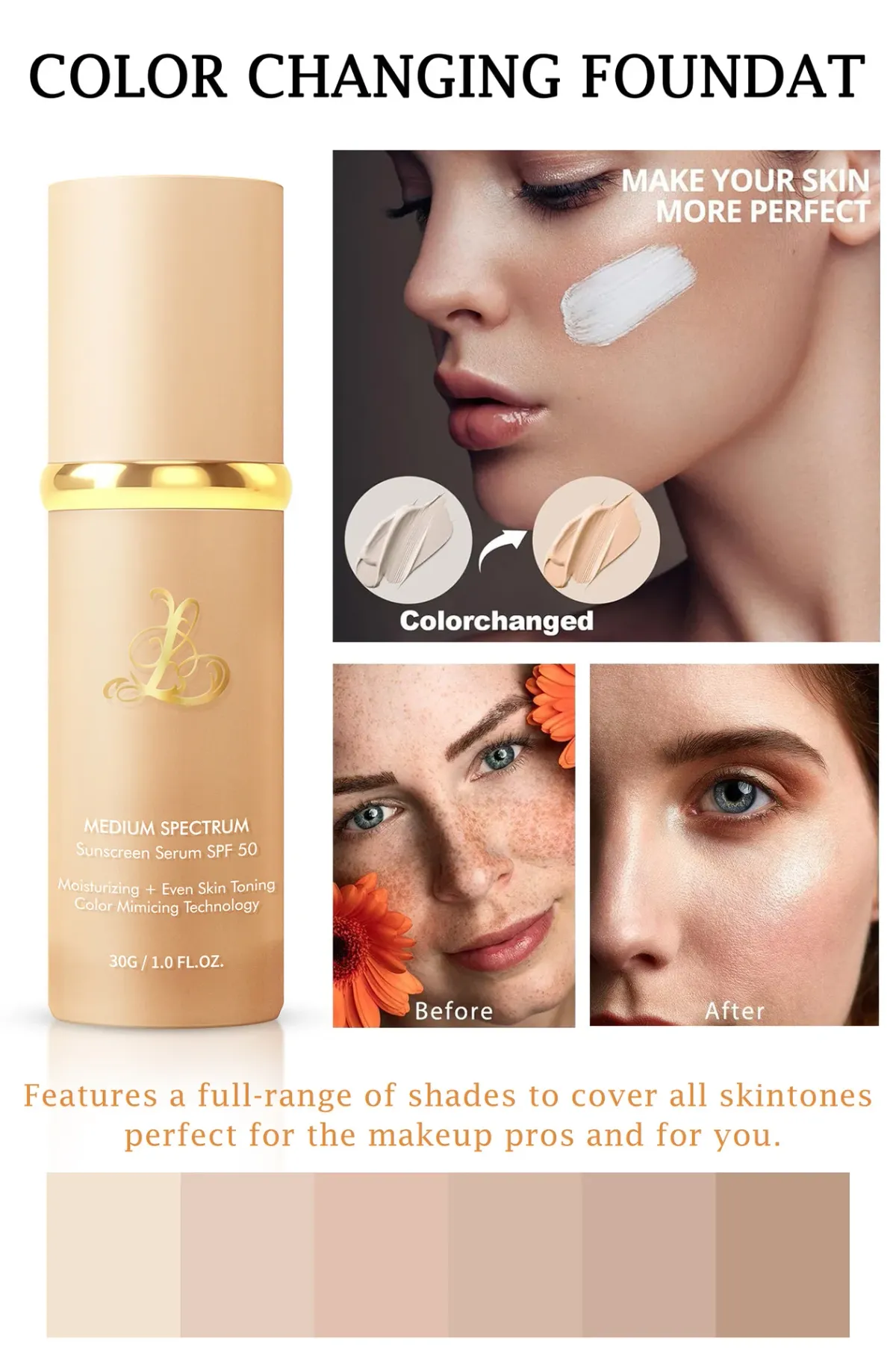 4-in-1 Color Changing Liquid Foundation with SPF50+ | Long-Wearing, Moisturizing, No Makeup Removal, Sweat-Proof for Flawless Glow showcase 5
