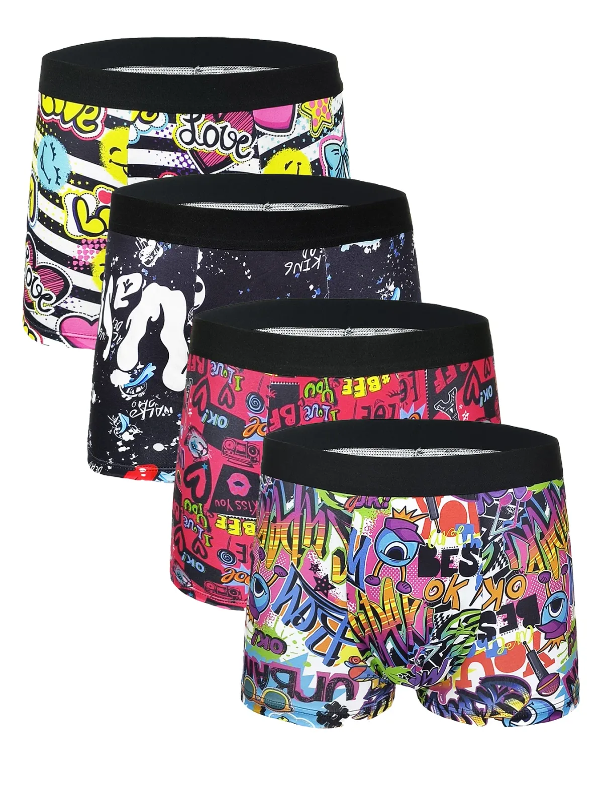 Men's 4-Pack Graffiti Art Print Polyester Boxer Briefs - Comfortable, Breathable, Moisture-Wicking Underwear with Black Waistband showcase 1