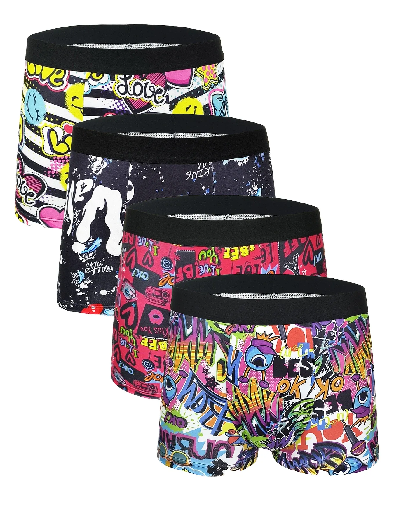 Men's 4-Pack Graffiti Art Print Polyester Boxer Briefs - Comfortable, Breathable, Moisture-Wicking Underwear with Black Waistband thumbnail 1